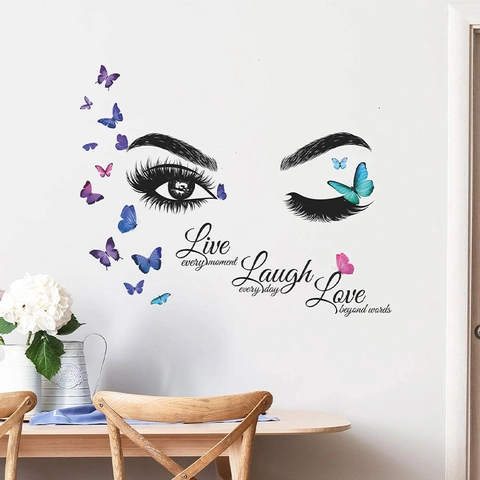 Adesivi da Parete Creativi Ciglia Farfalle DIY Citazioni Live Laugh Love PVC Decalcomanie da Muro per Camera da Letto Soggiorno