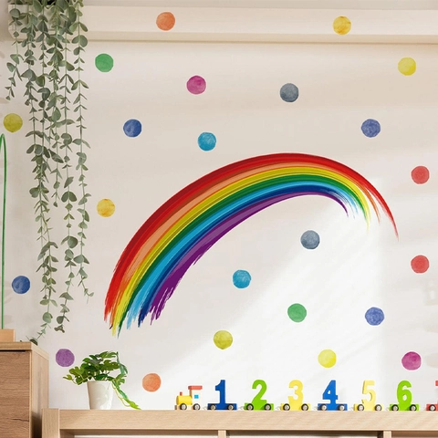 Watercolor Rainbow Polka Dot Wall Stickers PVC Self Adhesive Decorative Home Decals For Kids Bedroom Nursery Living Room