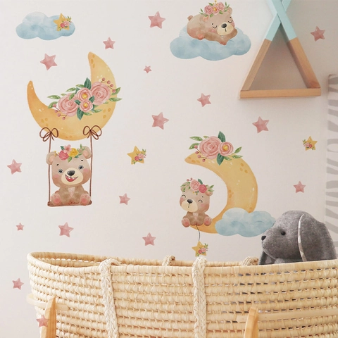 Watercolor Cartoon Bear Moon Clouds Stars Wall Sticker PVC Self-Adhesive Nursery Kids Bedroom Decor Wall Decal