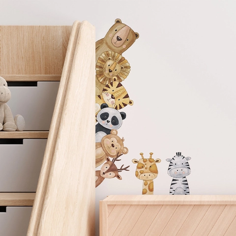 Cartoon Animal Stacking Wall Stickers Hand-Painted Watercolor Forest Animal PVC Decals For Kids Room Kindergarten Decor