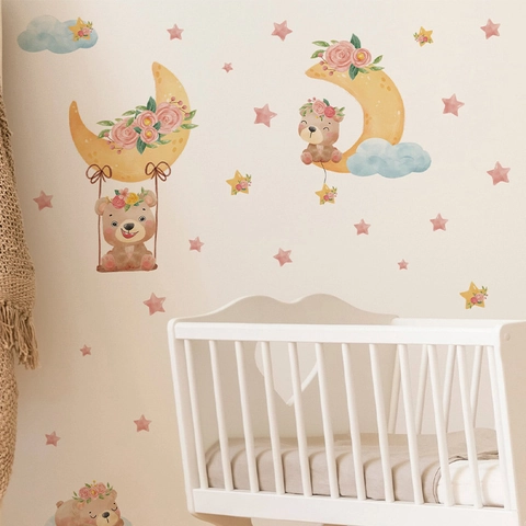 Watercolor Cartoon Bear Moon Clouds Stars Wall Sticker PVC Self-Adhesive Nursery Kids Bedroom Decor Wall Decal