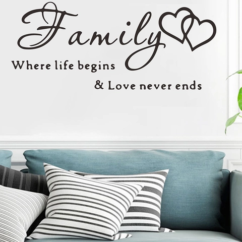Family Where Life Begins Love Never Ends Παράθεμα Αυτοκόλλητο Τοίχου PVC Αφαιρούμενο Καρδιά Διακόσμηση Σπιτιού Σαλόνι