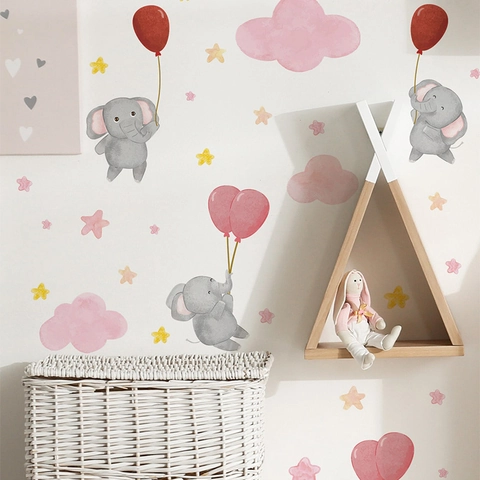 Cartoon Elephant Balloons Wall Sticker For Kids Room Nursery Decor PVC Removable Animal Cloud Stars Watercolor Wall Decal