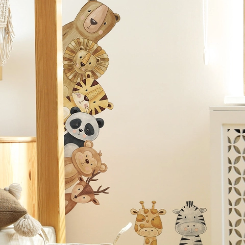 Cartoon Animal Stacking Wall Stickers Hand-Painted Watercolor Forest Animal PVC Decals For Kids Room Kindergarten Decor