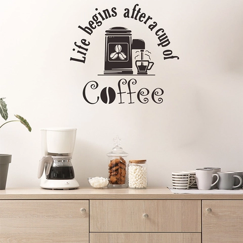 La Vita Inizia Dopo Il Caffè Adesivo Murale in PVC Impermeabile DIY Decorazione Sfondo per Caffetteria Cucina Casa Nero
