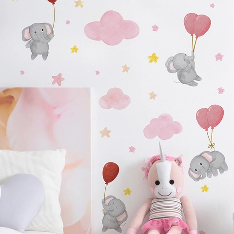 Cartoon Elephant Balloons Wall Sticker For Kids Room Nursery Decor PVC Removable Animal Cloud Stars Watercolor Wall Decal