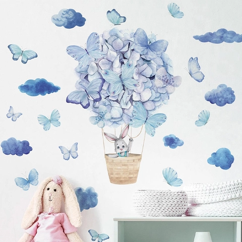 Romantische Lila Schmetterling Heißluftballon Hase Aquarell PVC Wandsticker Für Kinderzimmer Babyzimmer Home Deko
