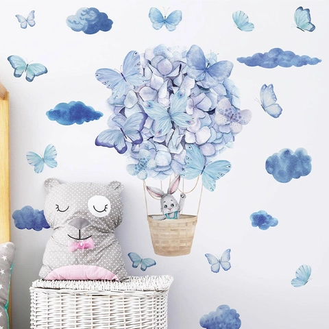 Romantische Lila Schmetterling Heißluftballon Hase Aquarell PVC Wandsticker Für Kinderzimmer Babyzimmer Home Deko
