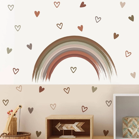 Boho Regenboog Hart Muurstickers Voor Kinderkamer Decoratie PVC Morandi Aardetinten Verwijderbare DIY Muurkunst Stickers