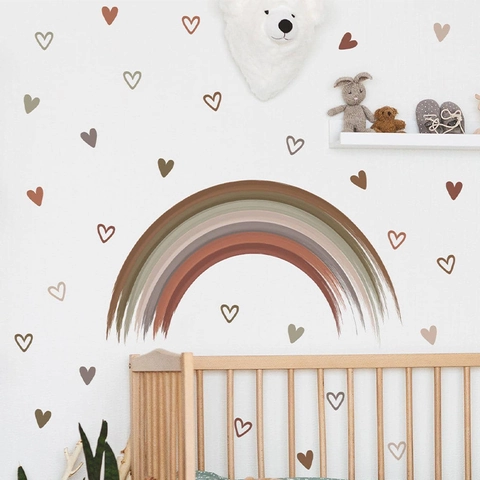 Boho Regenboog Hart Muurstickers Voor Kinderkamer Decoratie PVC Morandi Aardetinten Verwijderbare DIY Muurkunst Stickers