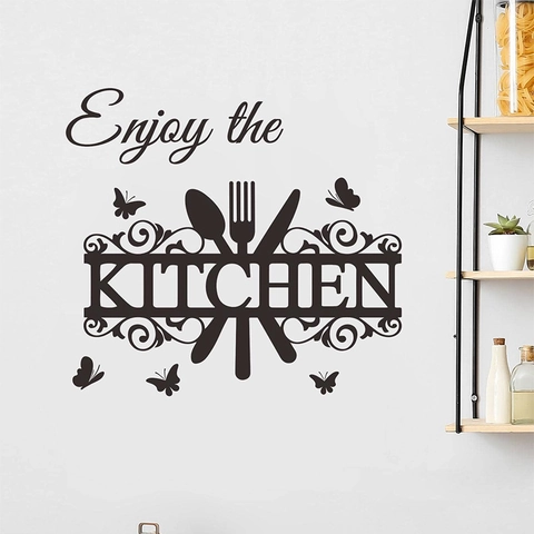 Enjoy The Kitchen Quote Wall Sticker With Cutlery Butterfly Pattern PVC Removable DIY Modern Kitchen Wall Art Decor Decal