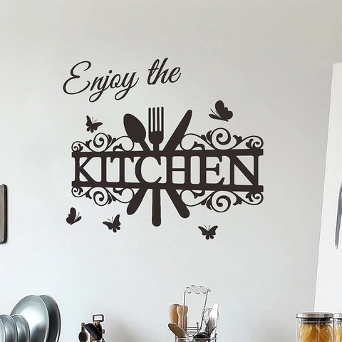 Enjoy The Kitchen Quote Wall Sticker With Cutlery Butterfly Pattern PVC Removable DIY Modern Kitchen Wall Art Decor Decal