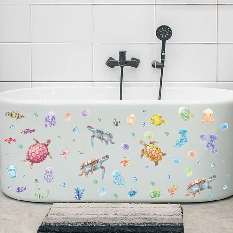 Adesivi da Parete Animali Marini Impermeabile PVC Tartaruga Marina Medusa Corallo Pesce Adesivo per Bagno Casa Decorazione