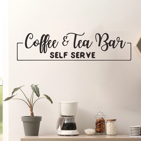 Sticker Mural Coffee Tea Bar Self Serve Amovible PVC DIY Lettrage Citation Autocollant pour Cuisine Café Maison Décoration