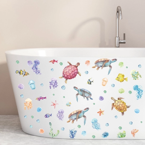 Adesivi da Parete Animali Marini Impermeabile PVC Tartaruga Marina Medusa Corallo Pesce Adesivo per Bagno Casa Decorazione