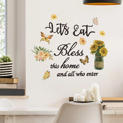 Sunflower Butterfly Wall Sticker Let's Eat Bless This Home Quotes Floral PVC Decal For Kitchen Dining Room Home Decor