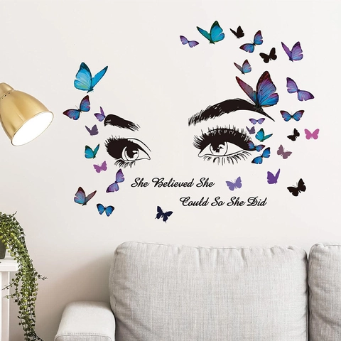 Vinilo Decorativo con Frase Inspiradora Mariposa Ojo Ella Creía Que Podía Así Que Lo Hizo PVC Pegatina de Pared Autoadhesiva Dormitorio
