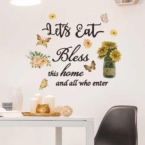 Sunflower Butterfly Wall Sticker Let's Eat Bless This Home Quotes Floral PVC Decal For Kitchen Dining Room Home Decor