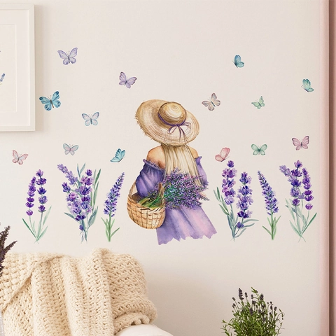 Aquarell Lavendel Mädchen Schmetterling Wandtattoo Abnehmbare PVC Dekorative Wandbild Für Schlafzimmer Wohnzimmer Haus Dekor
