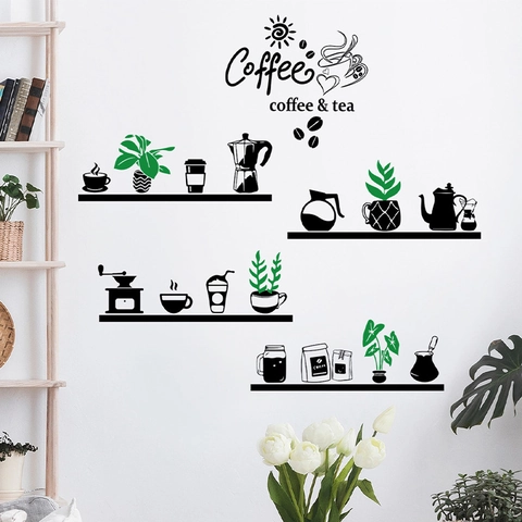 Modern Minimalist Coffee Tea Theme PVC Wall Sticker Removable Potted Plant Kitchen Cup Decal For Living Room Cafe Decoration