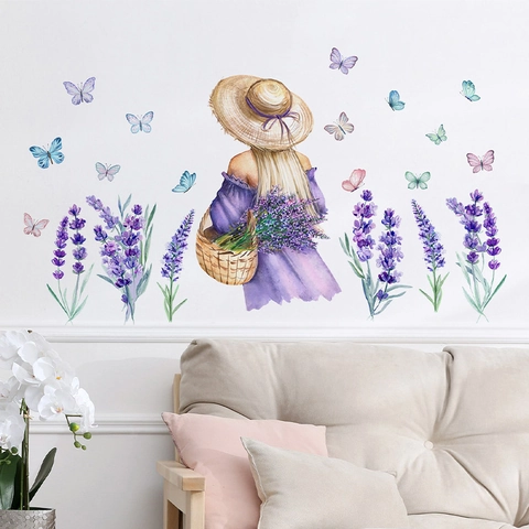 Aquarell Lavendel Mädchen Schmetterling Wandtattoo Abnehmbare PVC Dekorative Wandbild Für Schlafzimmer Wohnzimmer Haus Dekor