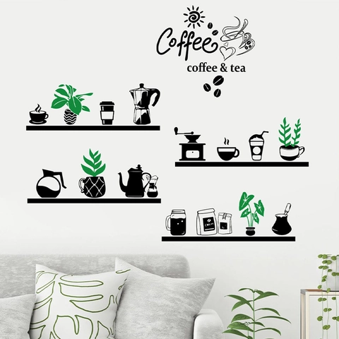 Modern Minimalist Coffee Tea Theme PVC Wall Sticker Removable Potted Plant Kitchen Cup Decal For Living Room Cafe Decoration