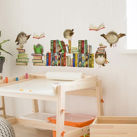 Cartoon Owl Reading Books Wall Sticker PVC Watercolor Decorative Decal For Kids Room Kindergarten Bedroom Classroom Decoration