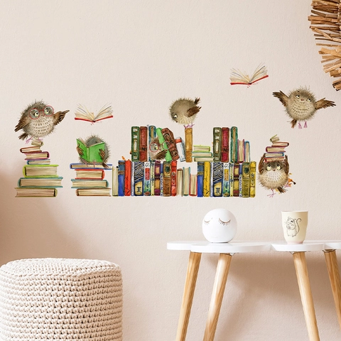 Cartoon Owl Reading Books Wall Sticker PVC Watercolor Decorative Decal For Kids Room Kindergarten Bedroom Classroom Decoration