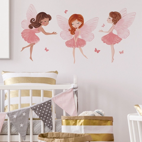 Aquarell Cartoon Fee Mädchen Schmetterling Wandtattoo Rosa Ballett Kleid Wandaufkleber Für Kinderzimmer Kindergarten Dekor PVC Druck Kunst Wandbild