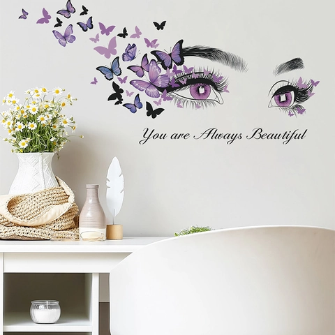 Adesivo da Parete Occhi e Farfalle Viola PVC Removibile You Are Always Beautiful Decorazione Artistica Casa Soggiorno