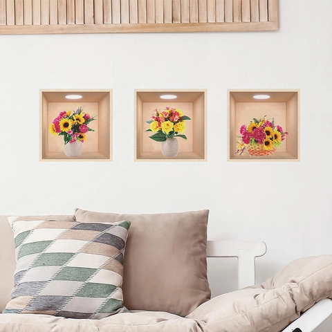 Triple 3D Nis Potplant Bloem Muursticker PVC Zelfklevend Bloemenontwerp Voor Woonkamer Slaapkamer Huisdecoratie