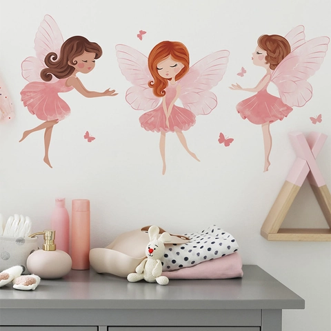 Aquarell Cartoon Fee Mädchen Schmetterling Wandtattoo Rosa Ballett Kleid Wandaufkleber Für Kinderzimmer Kindergarten Dekor PVC Druck Kunst Wandbild