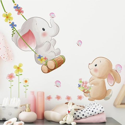 Simpatici Adesivi da Parete Cartone Animato Elefante Altalena Coniglio Fiori Acquerello Cameretta Bambini PVC Decalcomanie