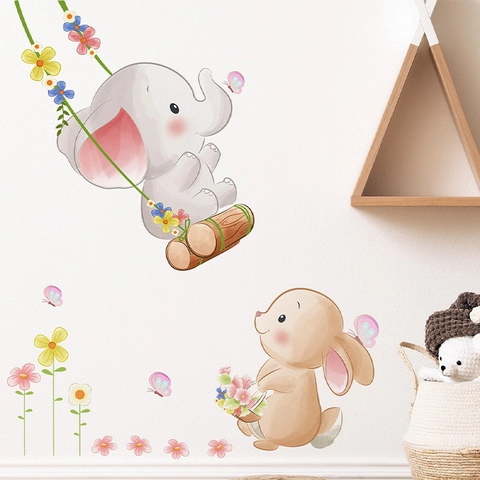 Simpatici Adesivi da Parete Cartone Animato Elefante Altalena Coniglio Fiori Acquerello Cameretta Bambini PVC Decalcomanie