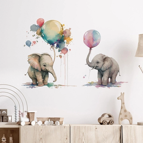 Linda Pegatina de Pared de PVC de Elefante en Acuarela con Globos de Colores Calcomanía de Pared de Animales para Habitación Infantil