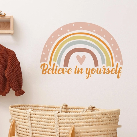 Believe In Yourself Rainbow Wall Sticker PVC Decal For Kids Room Nursery Home Decor Cartoon Stars Hearts Pattern Sticker