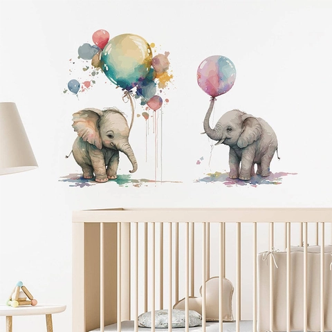 Linda Pegatina de Pared de PVC de Elefante en Acuarela con Globos de Colores Calcomanía de Pared de Animales para Habitación Infantil