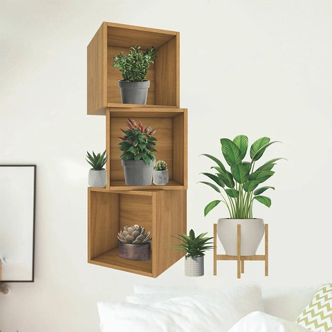 Adesivi Murali PVC 3D Piante Succulente Scaffale in Legno Decalcomanie Decorative Rimovibili per Soggiorno Camera da Letto