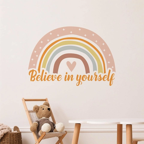 Believe In Yourself Rainbow Wall Sticker PVC Decal For Kids Room Nursery Home Decor Cartoon Stars Hearts Pattern Sticker