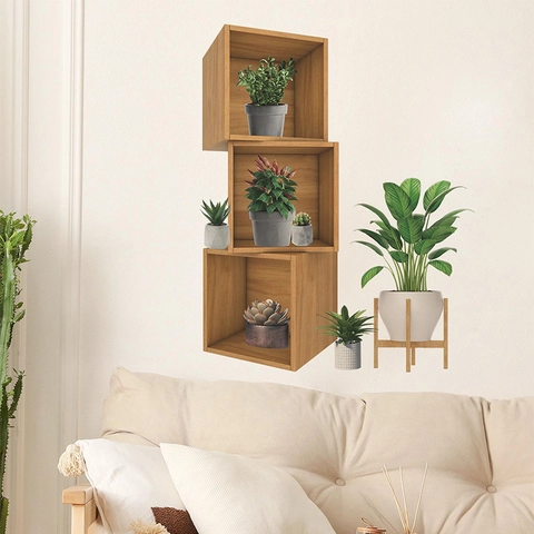 Adesivi Murali PVC 3D Piante Succulente Scaffale in Legno Decalcomanie Decorative Rimovibili per Soggiorno Camera da Letto