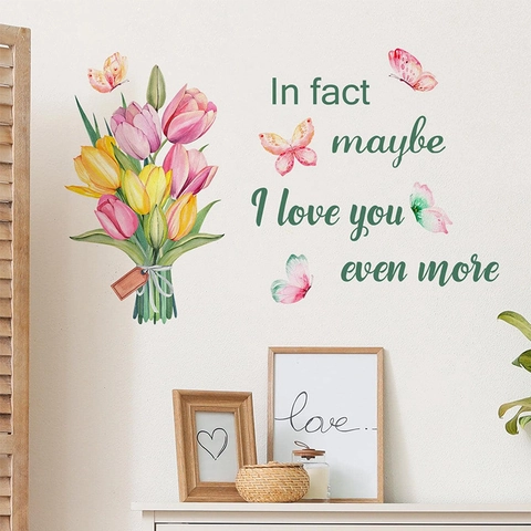 Adesivi Murali con Farfalle e Tulipani Colorati ad Acquerello con Citazione in Inglese Decalcomanie in PVC Impermeabili