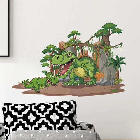 Pegatinas de Pared de Dinosaurio del Bosque de Dibujos Animados para Dormitorio Infantil Guardería Decoración de Pared de Fondo PVC Animal Selva