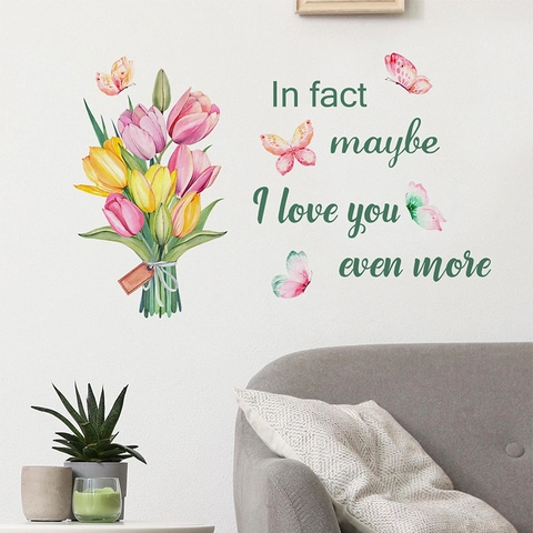 Adesivi Murali con Farfalle e Tulipani Colorati ad Acquerello con Citazione in Inglese Decalcomanie in PVC Impermeabili