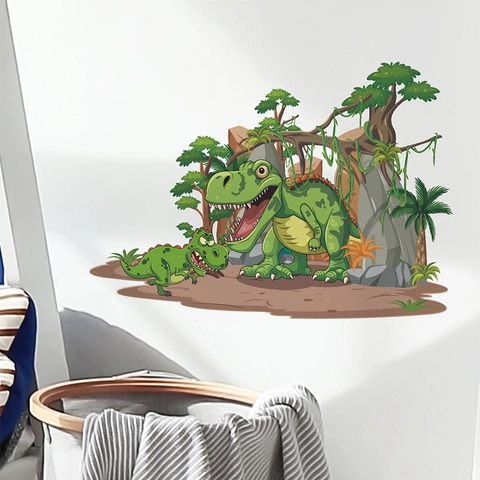 Pegatinas de Pared de Dinosaurio del Bosque de Dibujos Animados para Dormitorio Infantil Guardería Decoración de Pared de Fondo PVC Animal Selva
