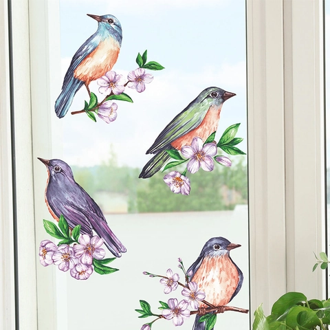 Watercolor Bird Flower Branch Wall Sticker PVC Removable Cartoon Animal Tree Decal For Living Room Bedroom Window Home Decor