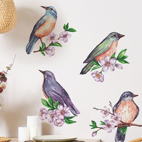 Watercolor Bird Flower Branch Wall Sticker PVC Removable Cartoon Animal Tree Decal For Living Room Bedroom Window Home Decor
