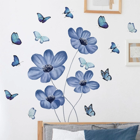 Watercolor Blue Flowers Butterflies Wall Stickers PVC Self Adhesive Floral Decals For Bedroom Living Room Home Decor