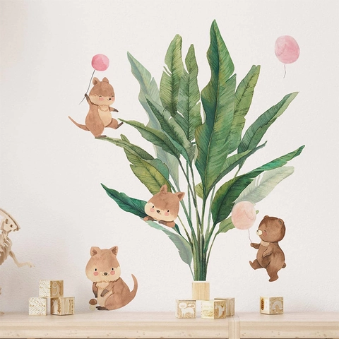 Watercolor Cartoon Bear And Tropical Green Leaves Wall Sticker For Kids Room PVC Decorative Nursery Wall Decal