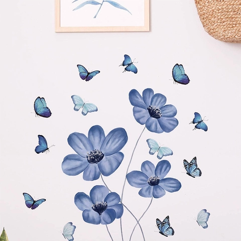 Watercolor Blue Flowers Butterflies Wall Stickers PVC Self Adhesive Floral Decals For Bedroom Living Room Home Decor