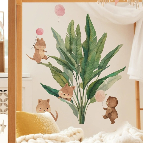Watercolor Cartoon Bear And Tropical Green Leaves Wall Sticker For Kids Room PVC Decorative Nursery Wall Decal